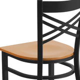 English Elm Commercial Grade Series Black ''X'' Back Metal Restaurant Chair - Wood Seat