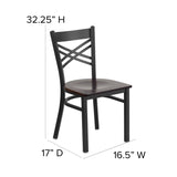 English Elm Commercial Grade Series Black ''X'' Back Metal Restaurant Chair - Walnut Wood Seat