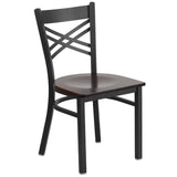 English Elm Commercial Grade Series Black ''X'' Back Metal Restaurant Chair - Walnut Wood Seat