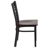 English Elm Commercial Grade Series Black ''X'' Back Metal Restaurant Chair - Walnut Wood Seat