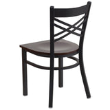 English Elm Commercial Grade Series Black ''X'' Back Metal Restaurant Chair - Walnut Wood Seat