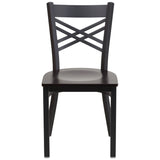 English Elm Commercial Grade Series Black ''X'' Back Metal Restaurant Chair - Walnut Wood Seat