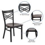 English Elm Commercial Grade Series Black ''X'' Back Metal Restaurant Chair - Walnut Wood Seat