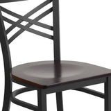 English Elm Commercial Grade Series Black ''X'' Back Metal Restaurant Chair - Walnut Wood Seat