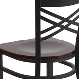 English Elm Commercial Grade Series Black ''X'' Back Metal Restaurant Chair - Walnut Wood Seat