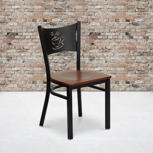 English Elm Commercial Grade Series Black Coffee Back Metal Restaurant Chair - Cherry Wood Seat