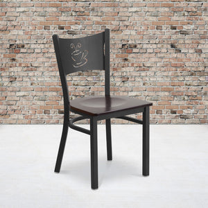 English Elm Commercial Grade Series Black Coffee Back Metal Restaurant Chair - Walnut Wood Seat