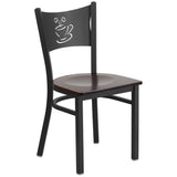 English Elm Commercial Grade Series Black Coffee Back Metal Restaurant Chair - Walnut Wood Seat