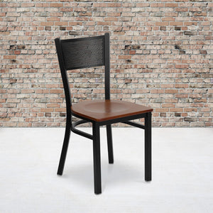 English Elm Commercial Grade Series Black Grid Back Metal Restaurant Chair - Cherry Wood Seat