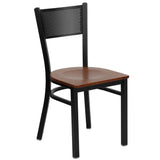 English Elm Commercial Grade Series Black Grid Back Metal Restaurant Chair - Cherry Wood Seat