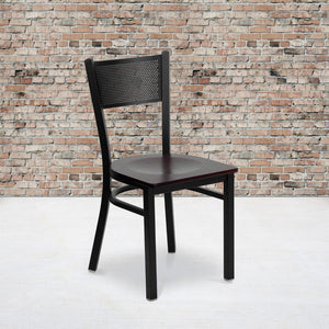 English Elm Commercial Grade Series Black Grid Back Metal Restaurant Chair - Mahogany Wood Seat