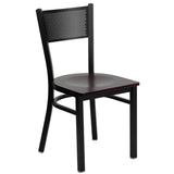 English Elm Commercial Grade Series Black Grid Back Metal Restaurant Chair - Mahogany Wood Seat