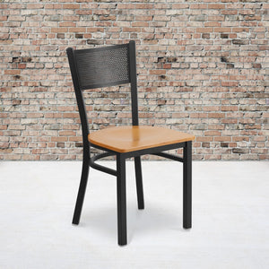 English Elm Commercial Grade Series Black Grid Back Metal Restaurant Chair - Wood Seat