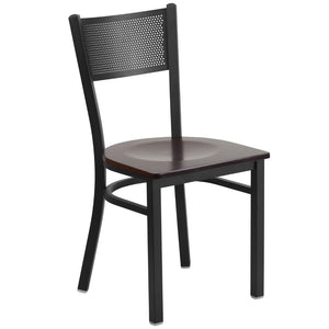 English Elm Commercial Grade Series Black Grid Back Metal Restaurant Chair - Walnut Wood Seat