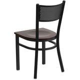 English Elm Commercial Grade Series Black Grid Back Metal Restaurant Chair - Walnut Wood Seat