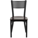 English Elm Commercial Grade Series Black Grid Back Metal Restaurant Chair - Walnut Wood Seat