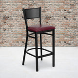 English Elm Commercial Grade Series Black Grid Back Metal Restaurant Barstool - Vinyl Seat