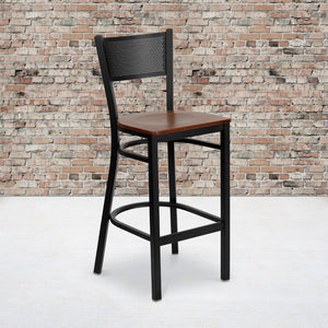 English Elm Commercial Grade Series Black Grid Back Metal Restaurant Barstool - Cherry Wood Seat