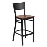 English Elm Commercial Grade Series Black Grid Back Metal Restaurant Barstool - Cherry Wood Seat