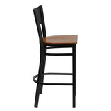 English Elm Commercial Grade Series Black Grid Back Metal Restaurant Barstool - Cherry Wood Seat