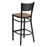 English Elm Commercial Grade Series Black Grid Back Metal Restaurant Barstool - Cherry Wood Seat