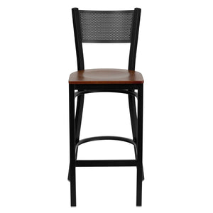 English Elm Commercial Grade Series Black Grid Back Metal Restaurant Barstool - Cherry Wood Seat