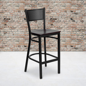 English Elm Commercial Grade Series Black Grid Back Metal Restaurant Barstool - Mahogany Wood Seat