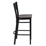 English Elm Commercial Grade Series Black Grid Back Metal Restaurant Barstool - Mahogany Wood Seat