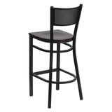 English Elm Commercial Grade Series Black Grid Back Metal Restaurant Barstool - Mahogany Wood Seat