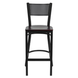 English Elm Commercial Grade Series Black Grid Back Metal Restaurant Barstool - Mahogany Wood Seat