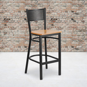 English Elm Commercial Grade Series Black Grid Back Metal Restaurant Barstool - Wood Seat