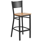 English Elm Commercial Grade Series Black Grid Back Metal Restaurant Barstool - Wood Seat