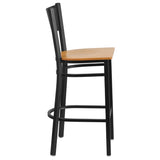 English Elm Commercial Grade Series Black Grid Back Metal Restaurant Barstool - Wood Seat