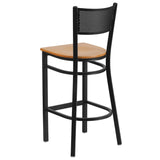 English Elm Commercial Grade Series Black Grid Back Metal Restaurant Barstool - Wood Seat