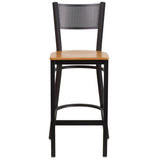 English Elm Commercial Grade Series Black Grid Back Metal Restaurant Barstool - Wood Seat