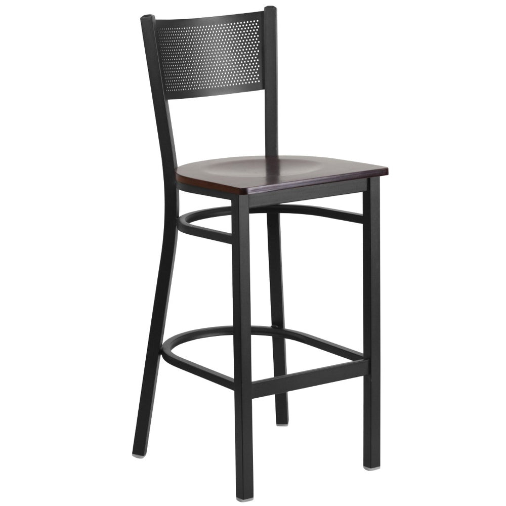 English Elm Commercial Grade Series Black Grid Back Metal Restaurant Barstool - Walnut Wood Seat