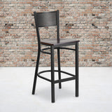 English Elm Commercial Grade Series Black Grid Back Metal Restaurant Barstool - Walnut Wood Seat