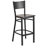 English Elm Commercial Grade Series Black Grid Back Metal Restaurant Barstool - Walnut Wood Seat