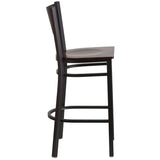 English Elm Commercial Grade Series Black Grid Back Metal Restaurant Barstool - Walnut Wood Seat