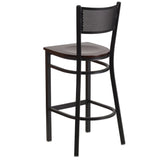 English Elm Commercial Grade Series Black Grid Back Metal Restaurant Barstool - Walnut Wood Seat