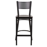 English Elm Commercial Grade Series Black Grid Back Metal Restaurant Barstool - Walnut Wood Seat