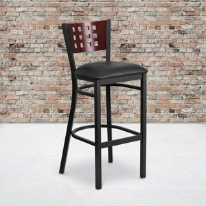 English Elm Commercial Grade Series Cutout Back Metal Restaurant Barstool - Mahogany Wood Back, Vinyl Seat