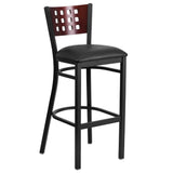 English Elm Commercial Grade Series Cutout Back Metal Restaurant Barstool - Mahogany Wood Back, Vinyl Seat