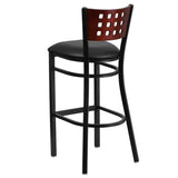 English Elm Commercial Grade Series Cutout Back Metal Restaurant Barstool - Mahogany Wood Back, Vinyl Seat