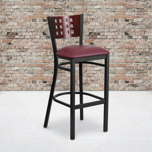 English Elm Commercial Grade Series Black Cutout Back Metal Restaurant Barstool - Mahogany Wood Back, Vinyl Seat