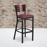 Commercial Grade Series Black Cutout Back Metal Restaurant Barstool - Mahogany Wood Back, Vinyl Seat