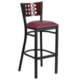 English Elm Commercial Grade Series Black Cutout Back Metal Restaurant Barstool - Mahogany Wood Back, Vinyl Seat