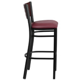 English Elm Commercial Grade Series Black Cutout Back Metal Restaurant Barstool - Mahogany Wood Back, Vinyl Seat