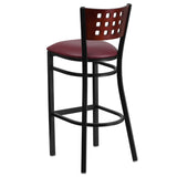 English Elm Commercial Grade Series Black Cutout Back Metal Restaurant Barstool - Mahogany Wood Back, Vinyl Seat