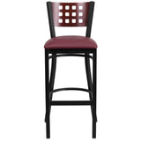 English Elm Commercial Grade Series Black Cutout Back Metal Restaurant Barstool - Mahogany Wood Back, Vinyl Seat